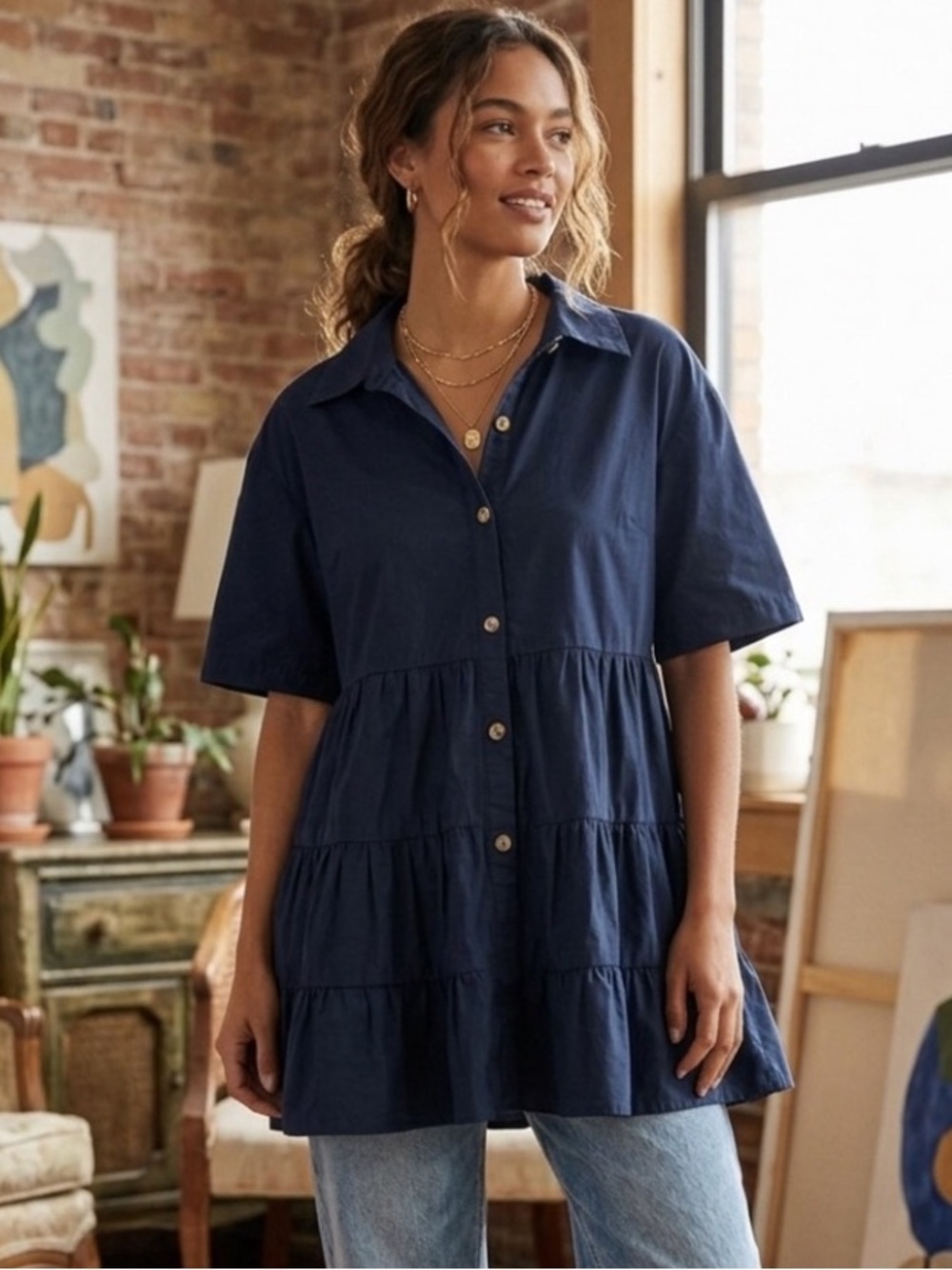 Porridge Anthropologie Navy Blue Tiered Button Down Shirt Medium